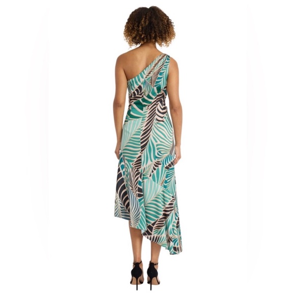 NWT MAGGY LONDON DEIDRE Asymm Floral One Shoulder Ruffle Hem Silky Dress Size 8 - Picture 2 of 14